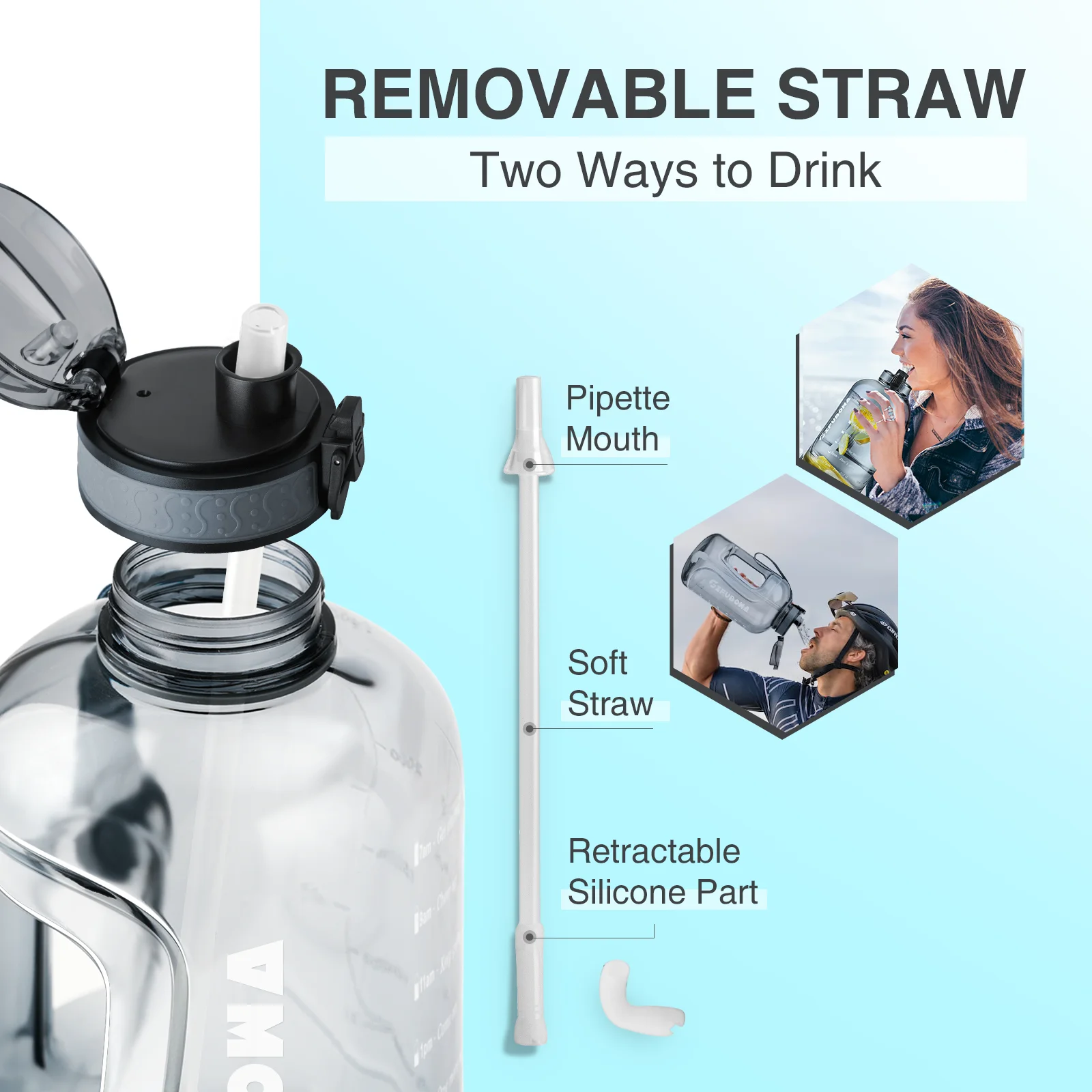 Liter Water Bottles with Times to Drink Motivational Straw Sports