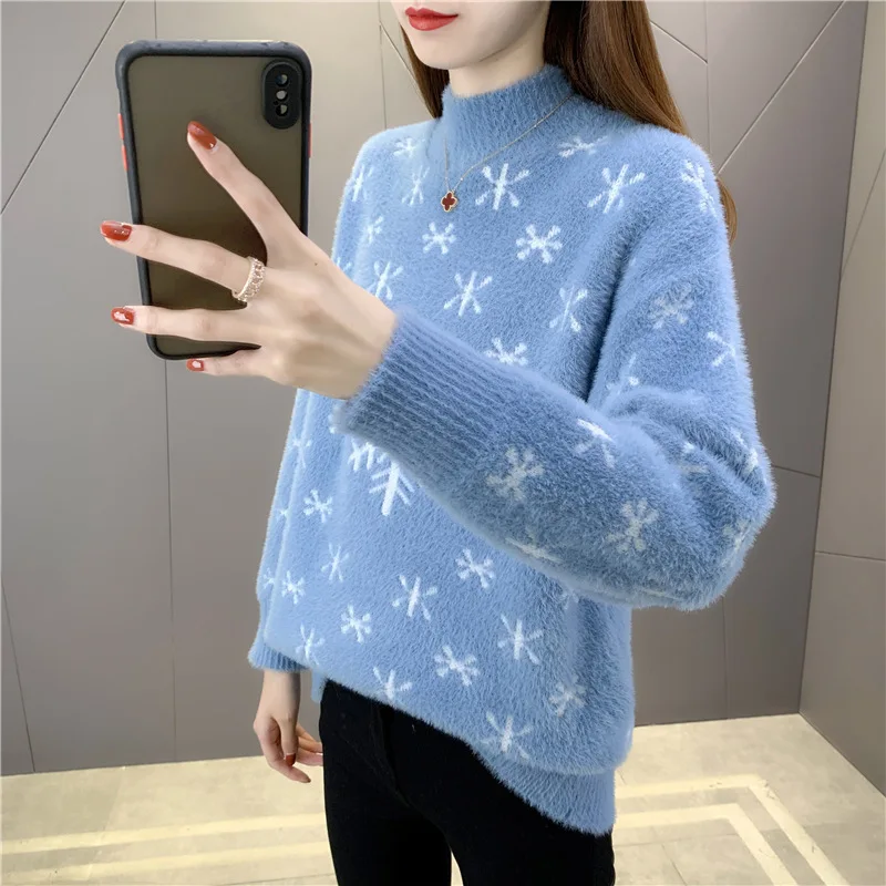 

Autumn Winter Thick Half Turtleneck Mink Cashmere Sweater Women Korean Slim Embroidery Pullover 4 Color Long Sleeve Tops Female