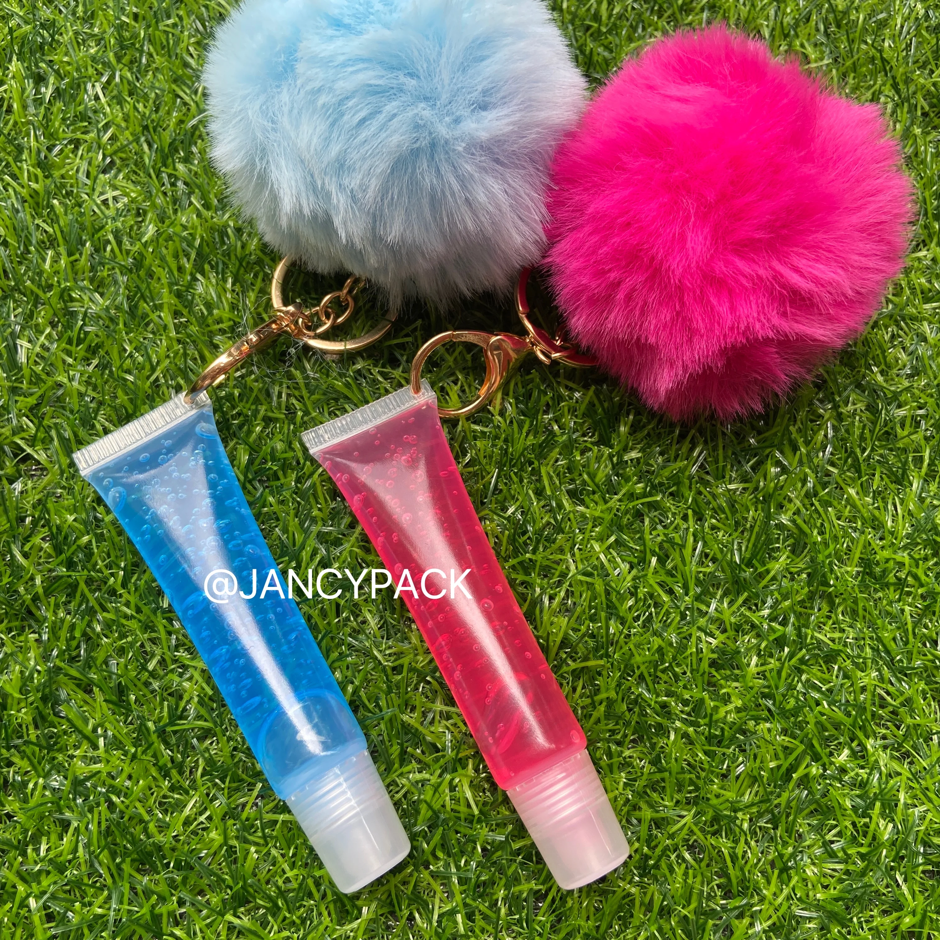 puff ball keychain with lip gloss