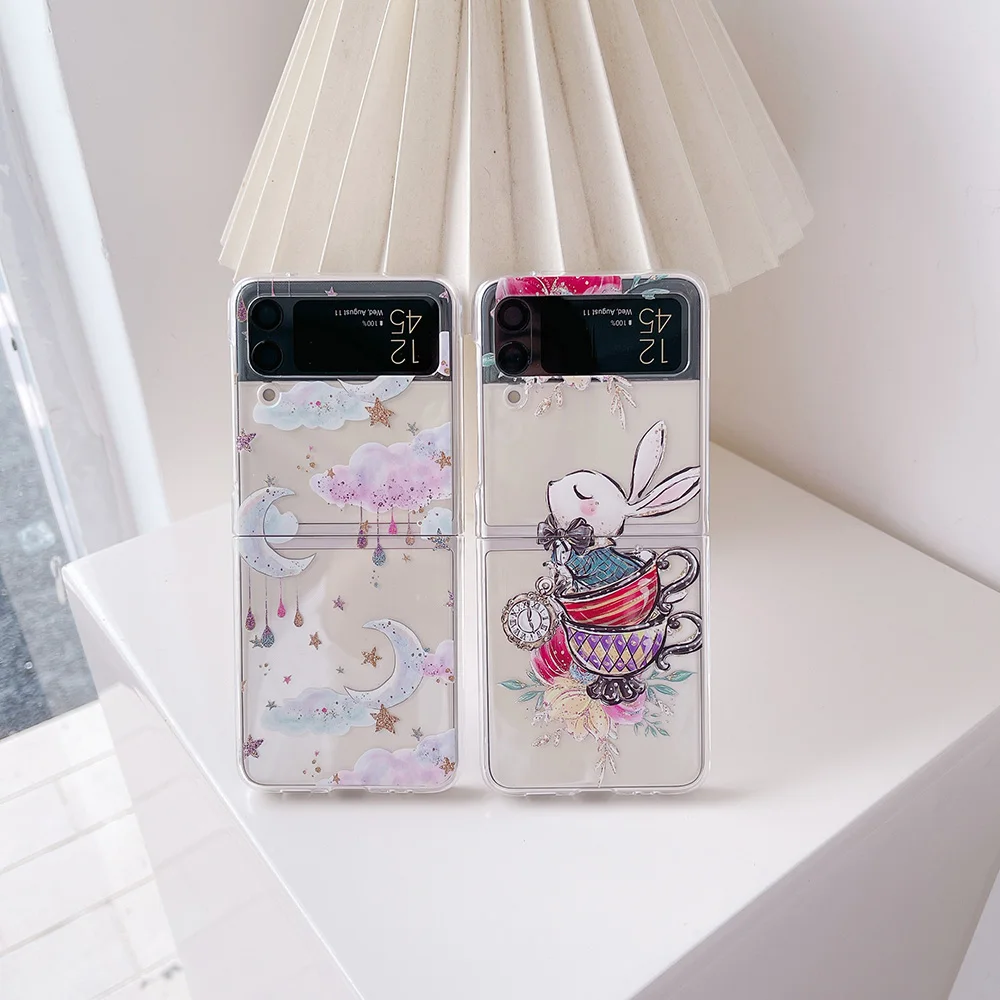 Per Samsung Z Flip 4 Custodia Rabbit Cloud Custodia Pieghevole Trasparente Per Samsung Z Flip 3 Zflip4 5G Cover Posteriore Rigida Antiurto