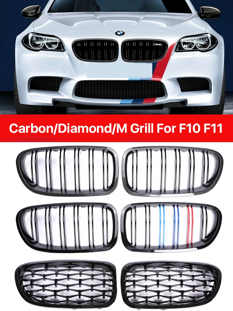 

M5 Style Front Grill For BMW 5 Series F10 F11 Black Carbon Fiber Look M Double Slat Chrome Kindey Grille 520 535 530i 2010-2017