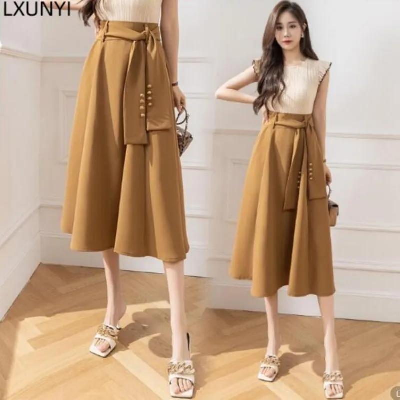 

LXUNYI Khaki Skirts Women 2023 Spring Summer 2023 High Waisted A Line Skirt Medium Long Fashion Lace Up Slim Elegant Skirts