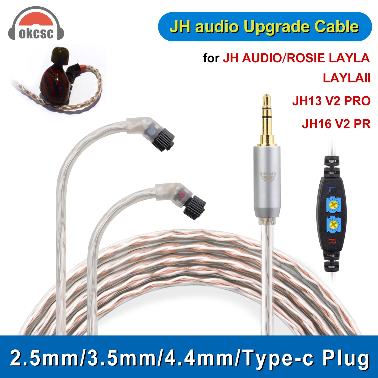 Okcsc-linha de Fone de Ouvido com Fio de Alta Pureza Jh24 Núcleo Cobre e Prata Plug 35 mm 25 mm 44 mm Rádio Leitor de Áudio Digital
