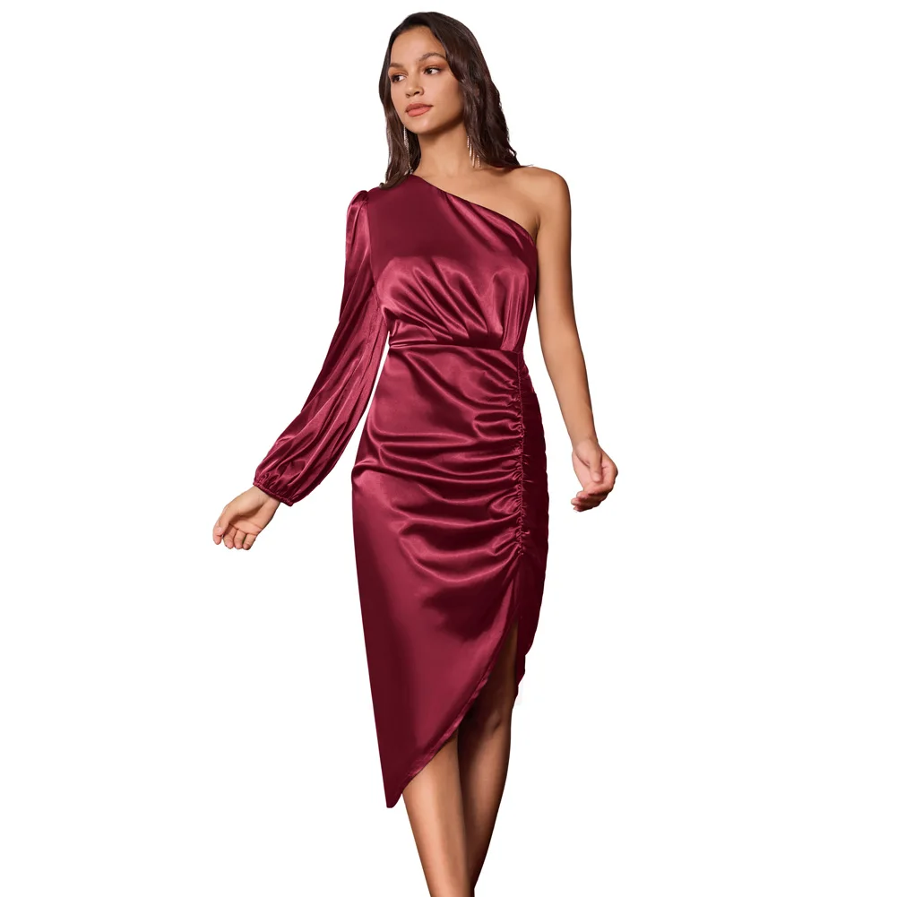 

GK Women Dress Irregular Hem Party Slim Fit Elegant Satin Smooth Asymmetric Long Sleeve Ruched Cocktail Bodycon Dress