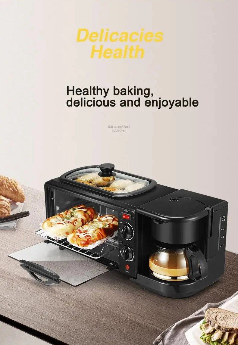 110V Electric Breakfast Machine 3 in 1 Multifunction Breakfast Maker Mini Drip Coffee Maker Bread Pizza Oven Frying Pan Toaster 5