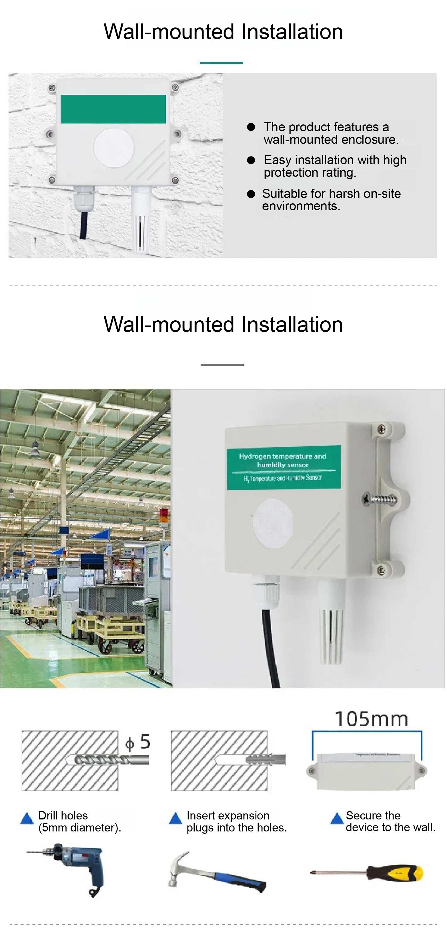 H2 Sensor Wall Mounted Transmitter RS485 Output IP65 Waterproof Alarm Device wit