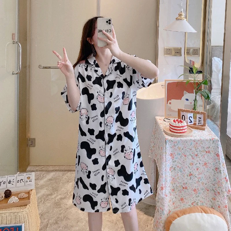 Summer Soft Silk Nightgown Half Sleeve Grid Zebra Cow Stria Printing Homedress Leisure Satin Nightdress For Women Shirt Skirt