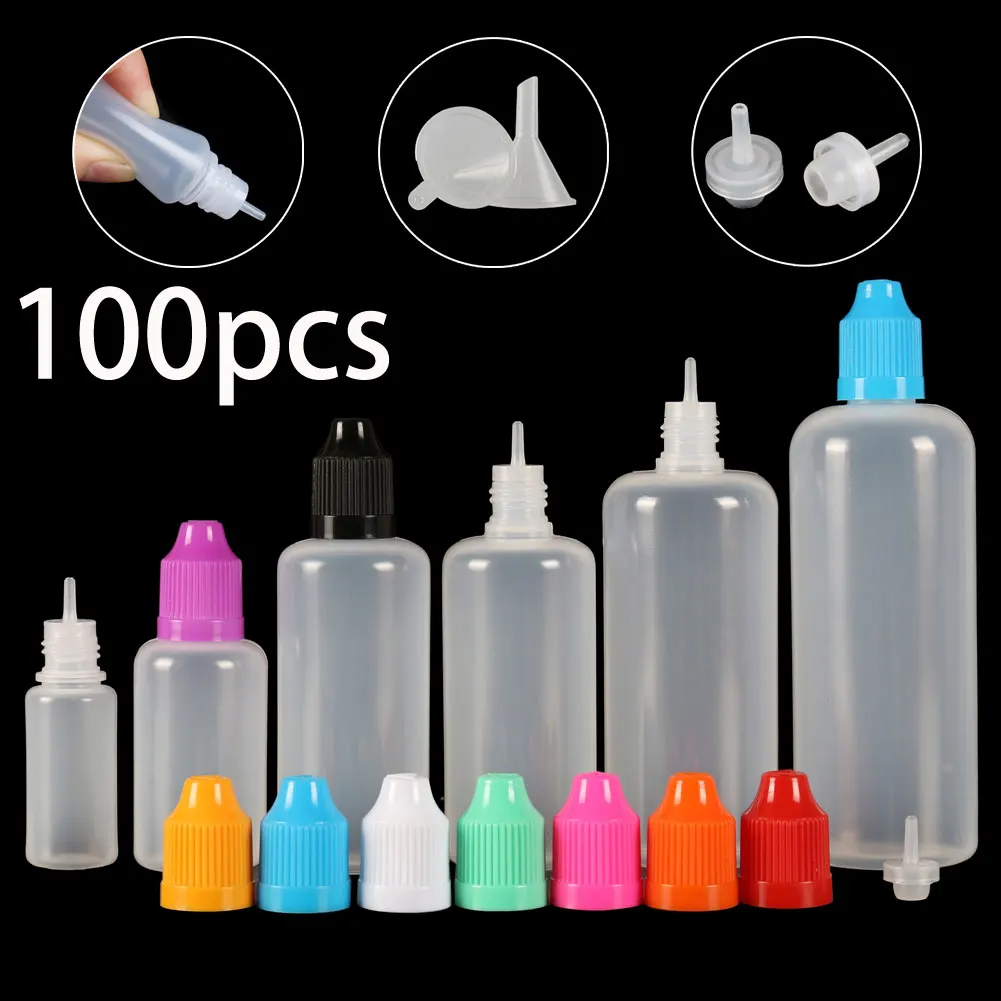 

100PCS 5ml-120ml Dropper Bottles Plasitc LDPE Empty Squeezable Eye Juice Essecn Container CRC Cap Long Dropper Tip + 20 Funnels