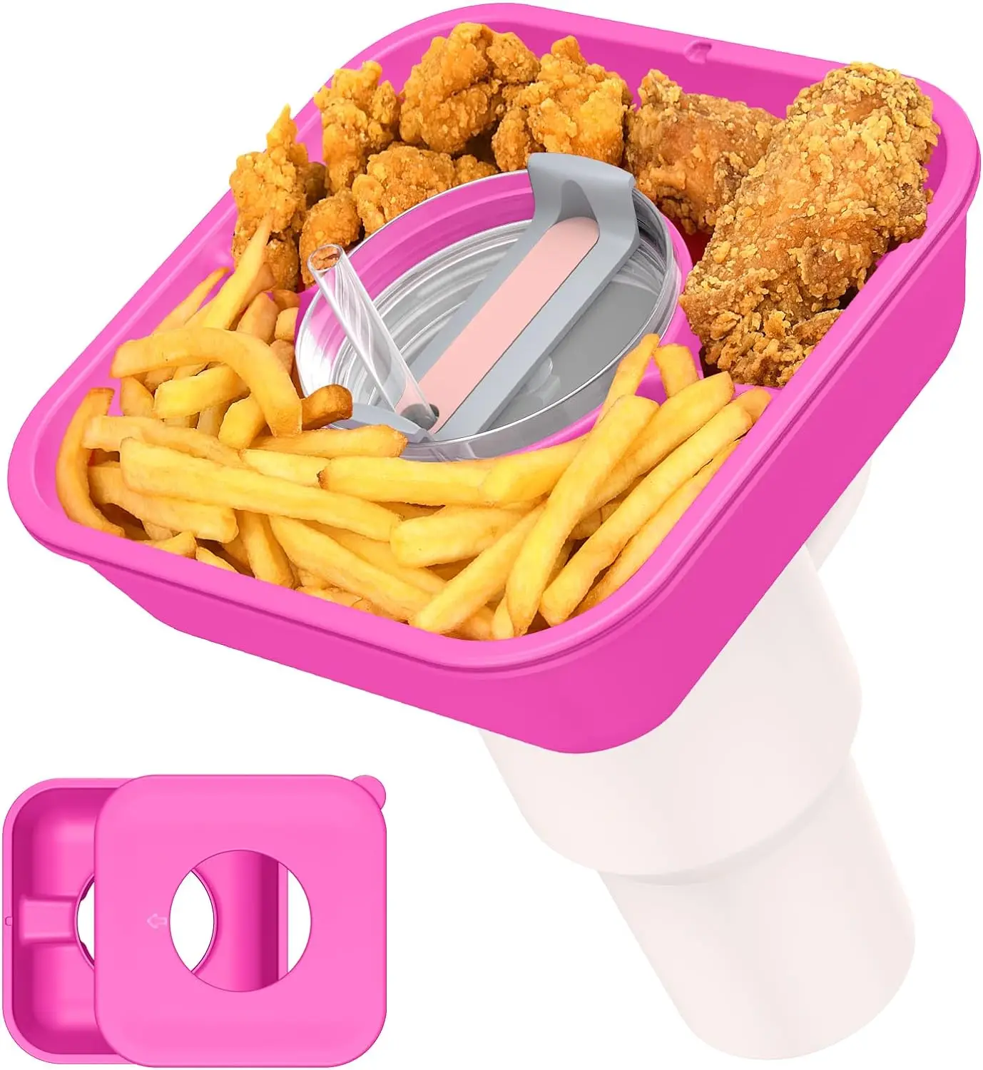 Ciotola Porta Snack Con 3 Scomparti Per Stanley Cup 40 Oz - Con Coperchio, In Silicone, Lavabile In Lavastoviglie (Rosa)