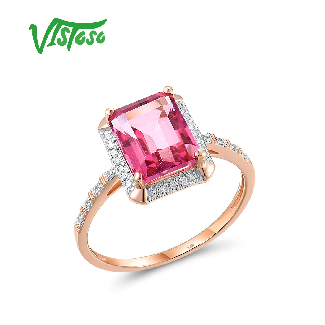 VISTOSO Genuine 14K 585 Rose Gold Solitaire Rings For Women Sparkling Diamond Pink Topaz Rectangle Gorgeous Fine Fashion Jewelry