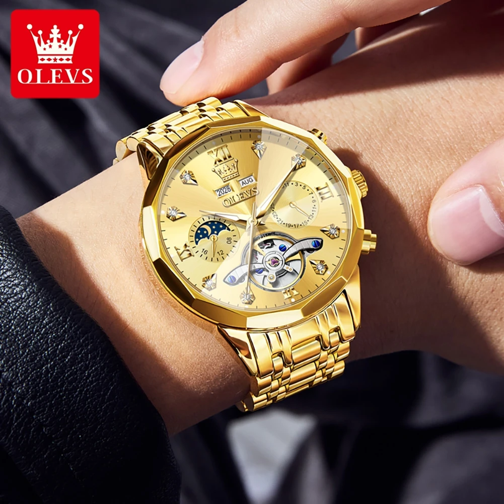 OLEVS 6621 Man Automatic Watch Rhombus Mirror Hollow Skeleton Mechanical Watch For Men Steel Strap Moon Phase Luxury Wristwatch