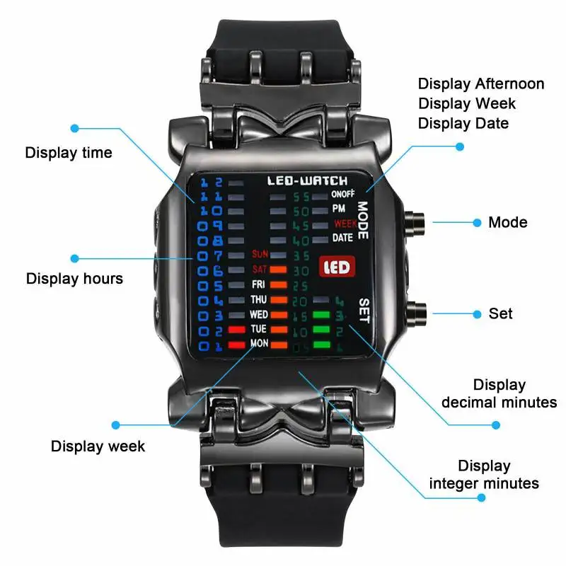 Boys Mens Binary Watch Fashion Binary LED Digital Wristwatch Date Square Dial Casual Plastic Strap Bracelet Watch