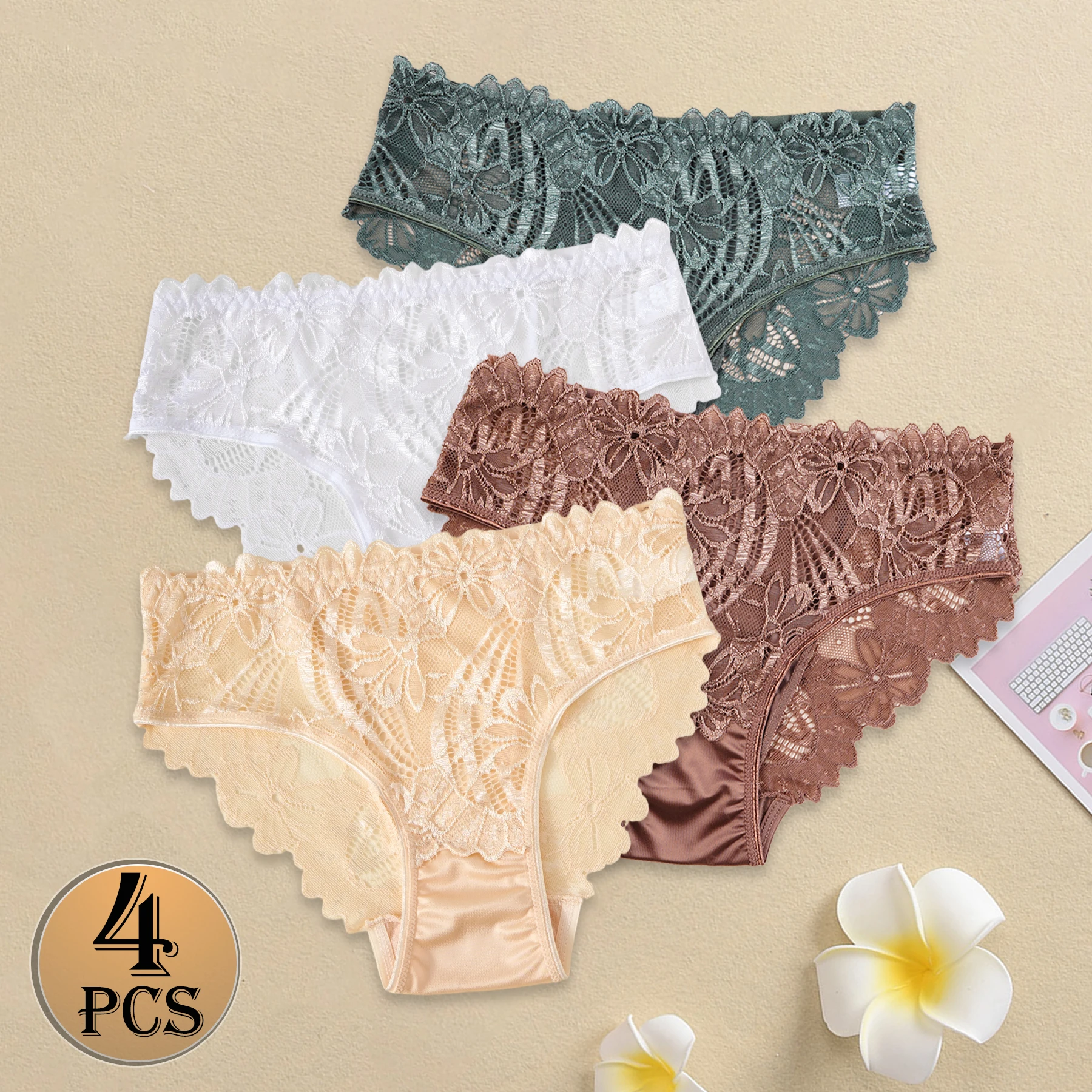 Women Satin Panties - Elegant Mid-Rise Lace Underwear Briefs with Floral Design
