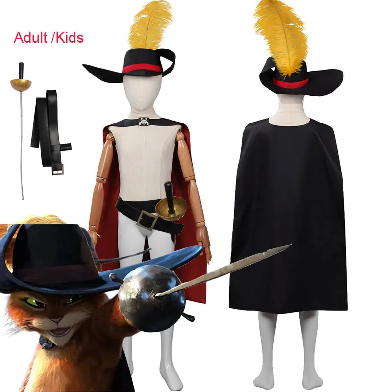 Bambini Adulti Bambini L'Ultimo Desiderio Puss In Boots Puss Costume Cosplay Mantello Berretto Cintura Abiti Halloween Carnival Suit