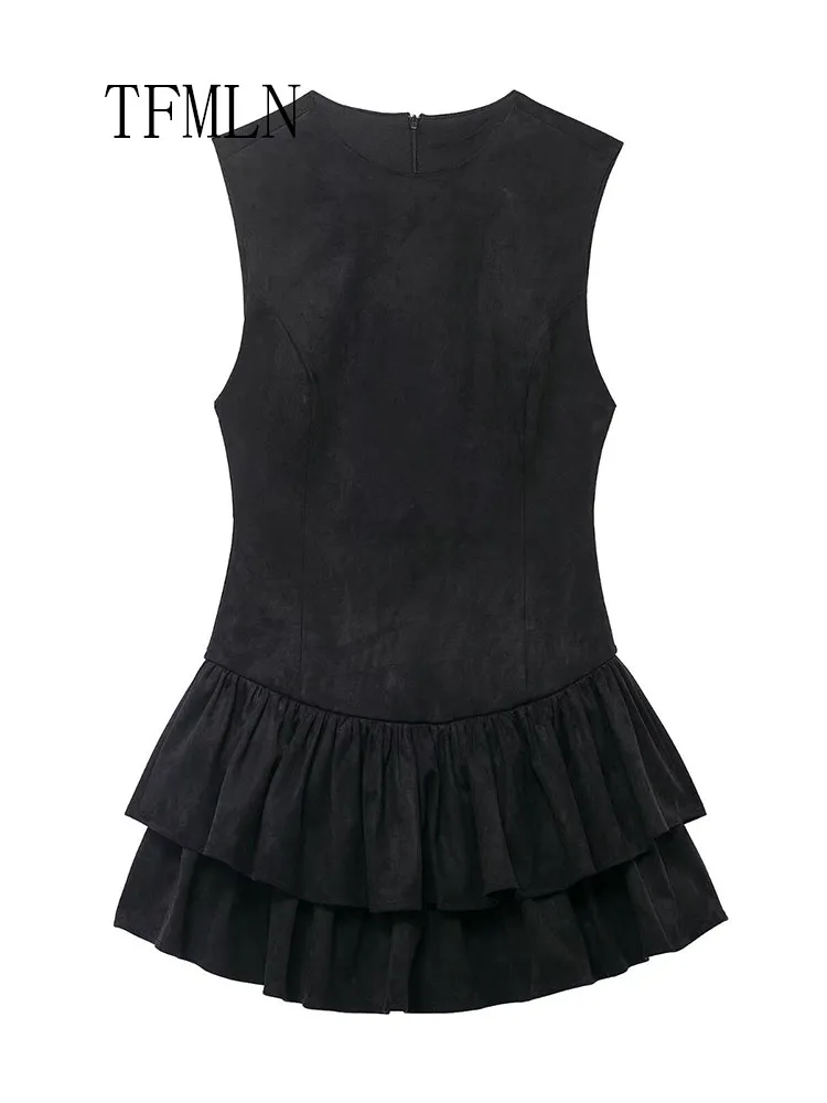 Elegant Women Solid Layered Mini Dress Hot Fashion Girl Sleeveless O-Neck Nipped Waist Slim Ruffles Splice Sexy Vest Dress