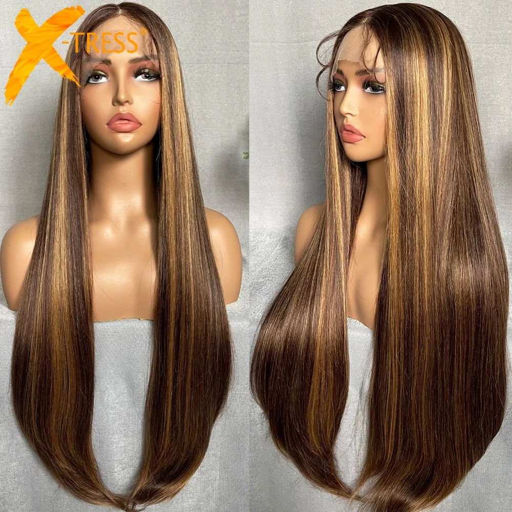 X-TRESS Highlight Brown Lace Front Straight Wig Pre Plucked 32 Inch Long Straight Synthetic Lace Wigs With Baby Hair for Women