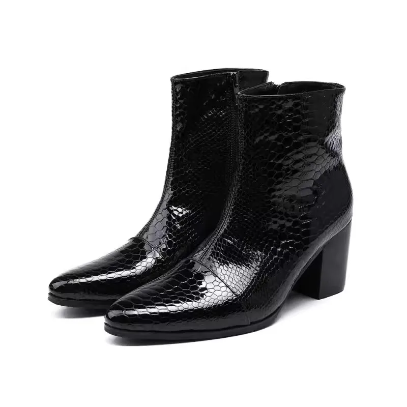 

Thick Heel Black Animal Skin Simple Men's Ankle Boots Shoes for Men Side Zipper Runway Casual Party Shoes 2023 Zapatillas Muje