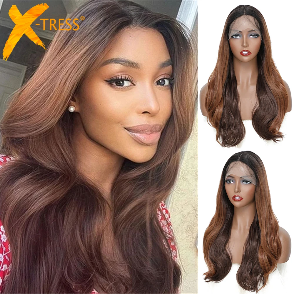 Body Wave Ombre Brown Colored Lace Front Wigs For Black Women X-TRESS Natural Wavy Synthetic Hair Wig With Baby Hair Daily Wear