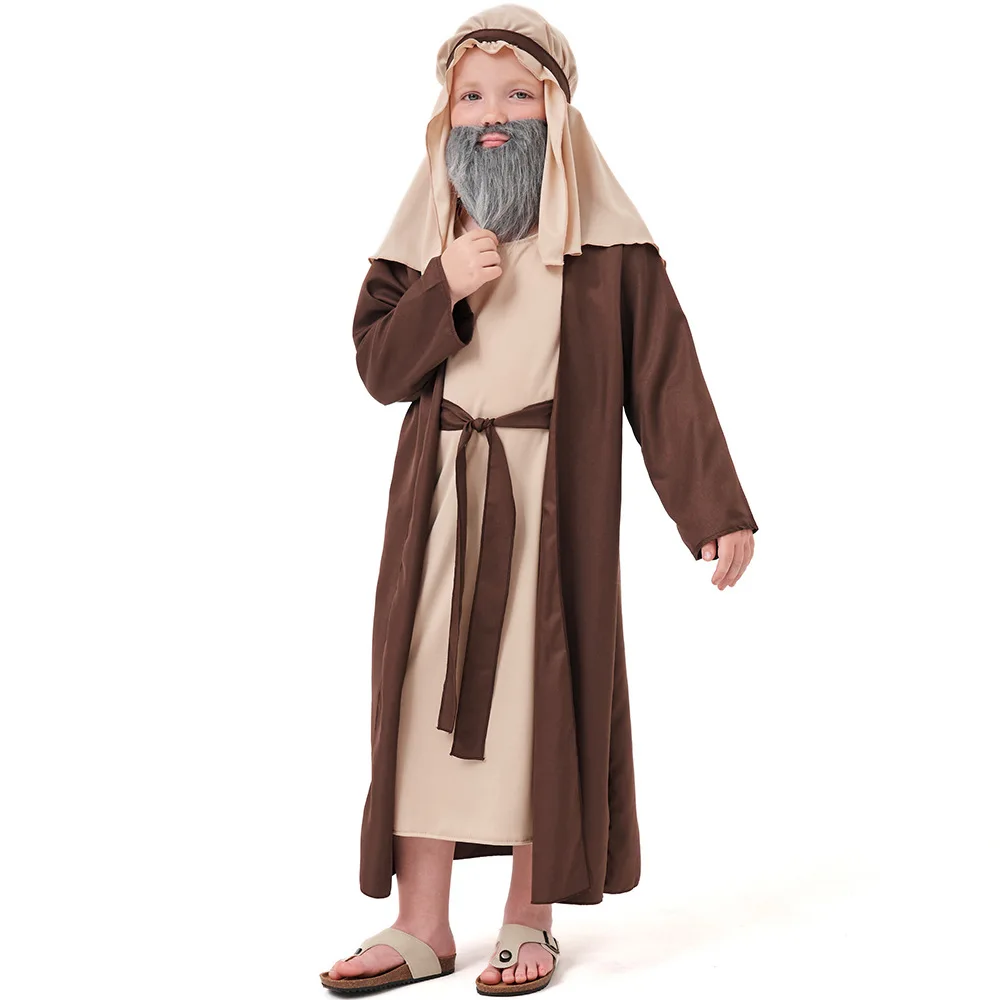 Kids Cosplay Costume Arab Grandpa Halloween Costume Middle Eastern Shepherd Robe For Kid Boys With Headgear