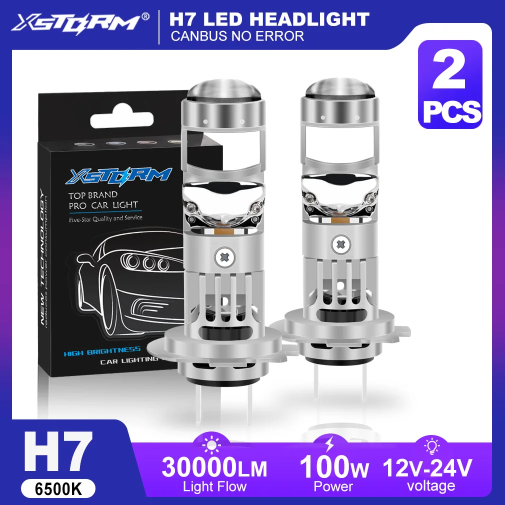 XSTORM H7 LED Projector Lens Headlight, 100W 30000LM Double Lens Canbus Turbo 12V Car Motorcycle Light
