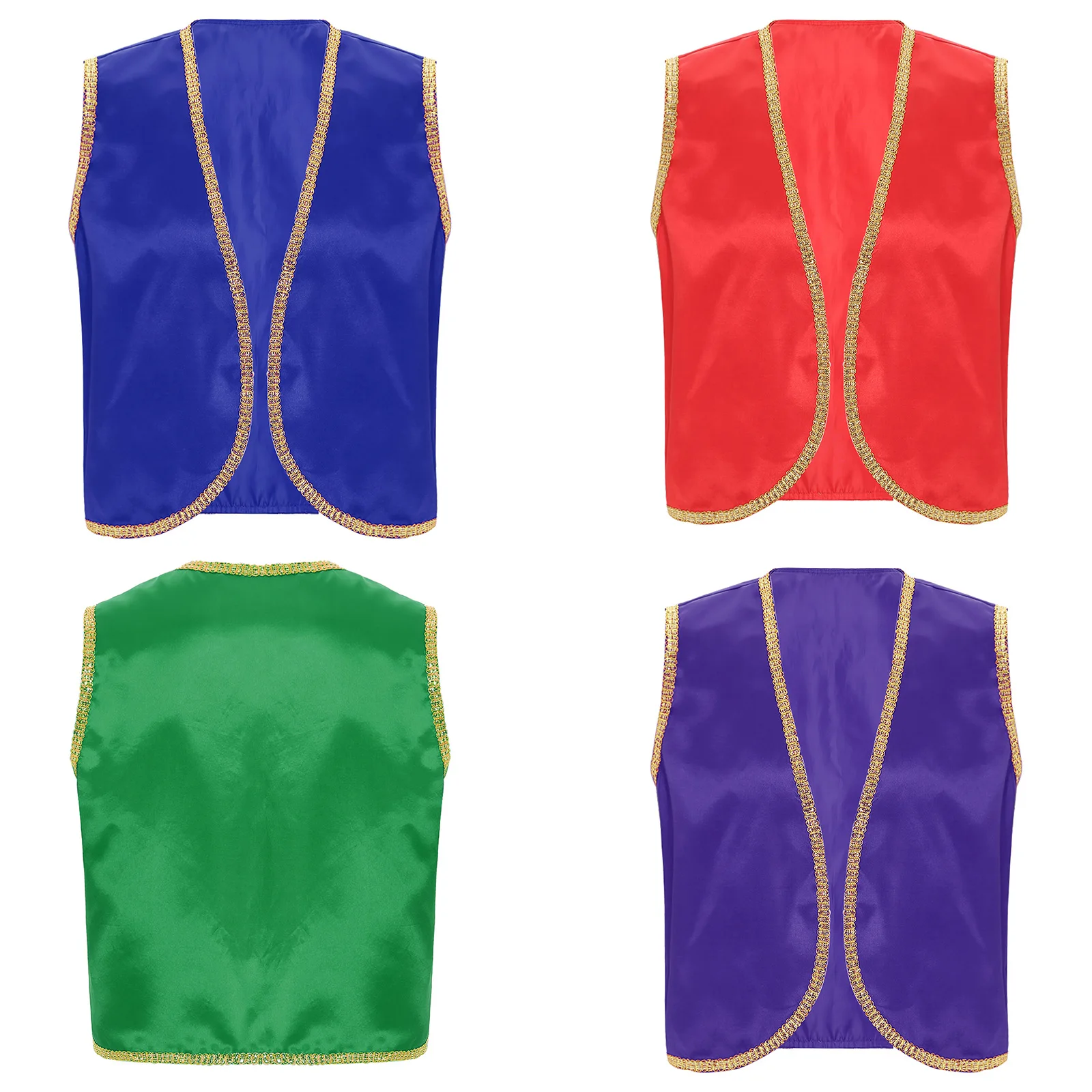 Mens Halloween Arabian Prince Waistcoat Vest Shiny Gold Trim Open Front Carnival Party Dress Up Indian Arabian Cosplay Costumes 2