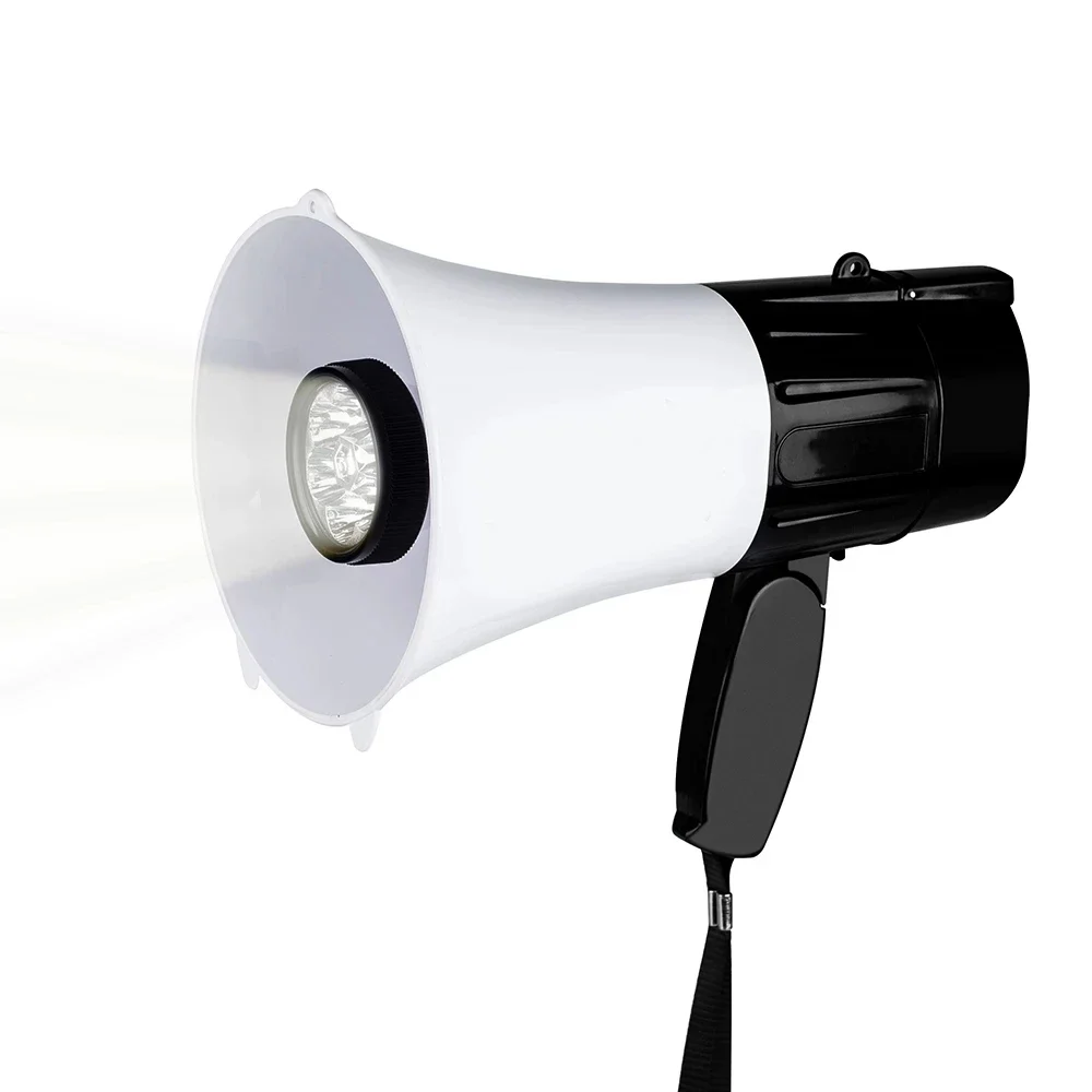 휴대용 경량 컴팩트 메가폰 불혼, LED 조명 및 사이렌, 블랙 실버, 30W