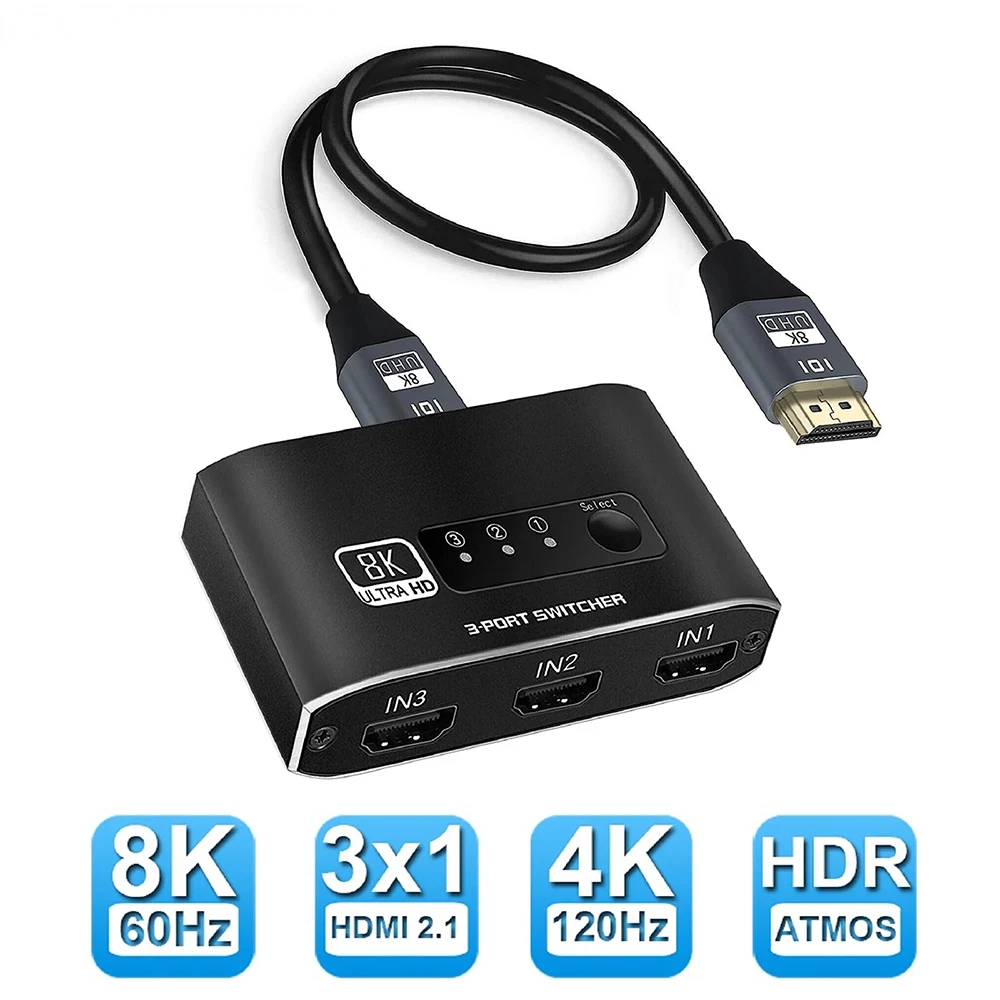 TV PS4 HD-MI ø  ǻ ƮϿ ġ, HD2.1 8K @ 60Hz ġ, 3 in 1 Out, 4K @ 120Hz, 3 in 1 Out ó, DTS AC3 HDCP2.3