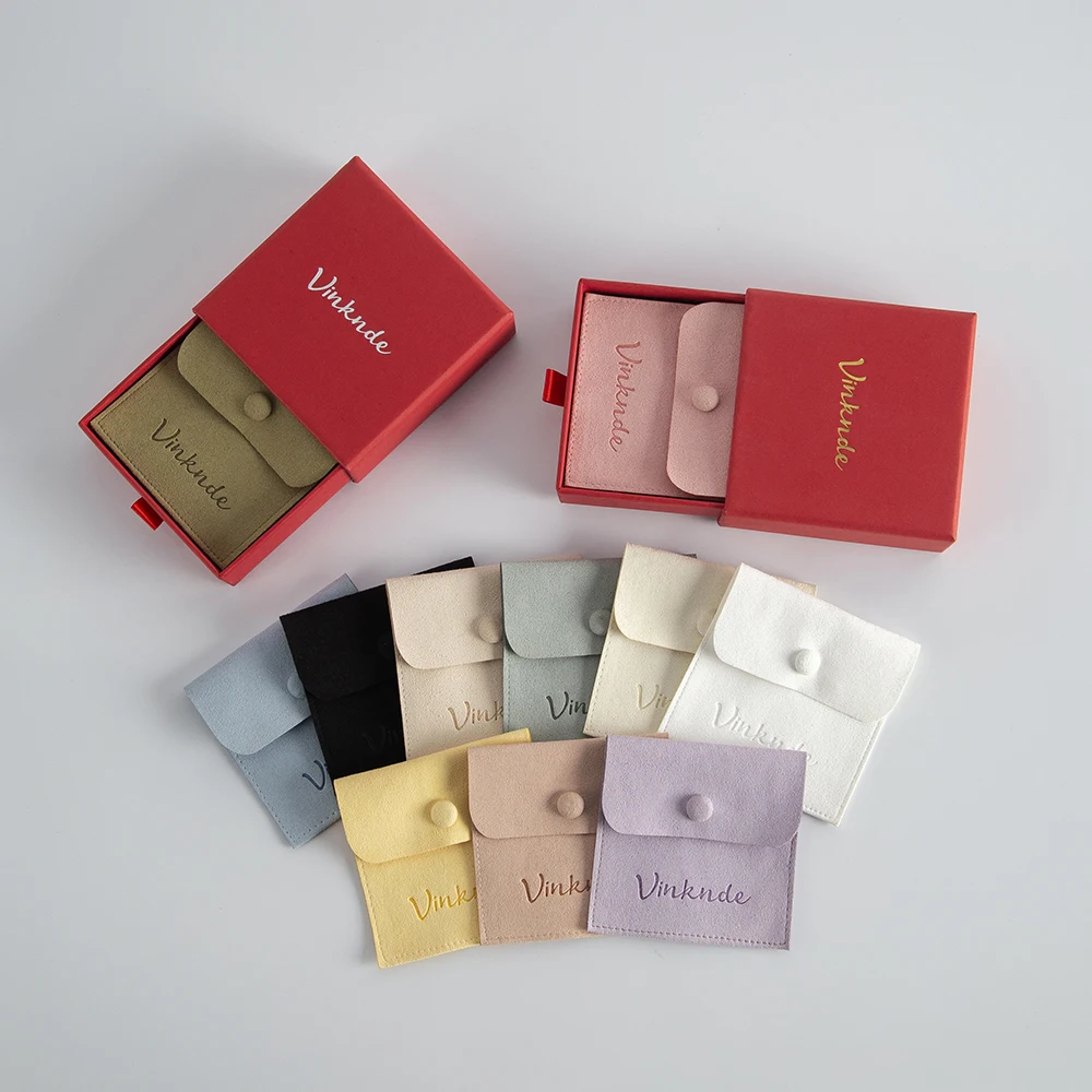 

DIY Logo Customized Jewelry Box With Jewelry Packaging Pouch Snap Button Microfiber Pouch Wedding Gift Red Drawer Earrings Boxes