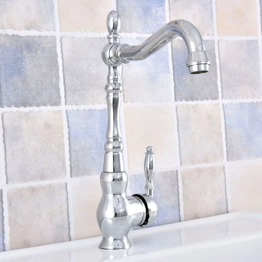 

Chrome Finish Brass Single Hole Deck Mount Kitchen Basin Faucet Swivel Spout Bathroom Sink Cold Hot Water Taps 2sf658