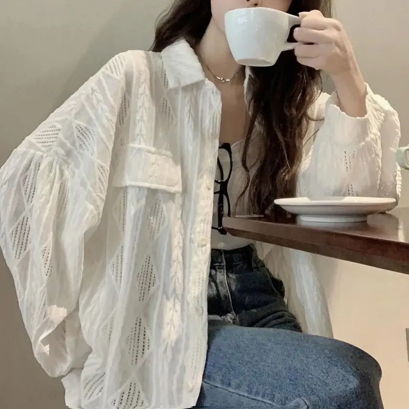 Women's Clothing Korean Basic Shirt Spring Autumn Casual Polo-Neck Commute Single-breasted Fashion Solid Color Hollow Out Blouse