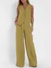 Fashion Vest And Pants Sets For Women Cotton Solid Casual Suit Patchwork Sleeveless Button Top + Pants 2 Piece Set Office Ladies 3
