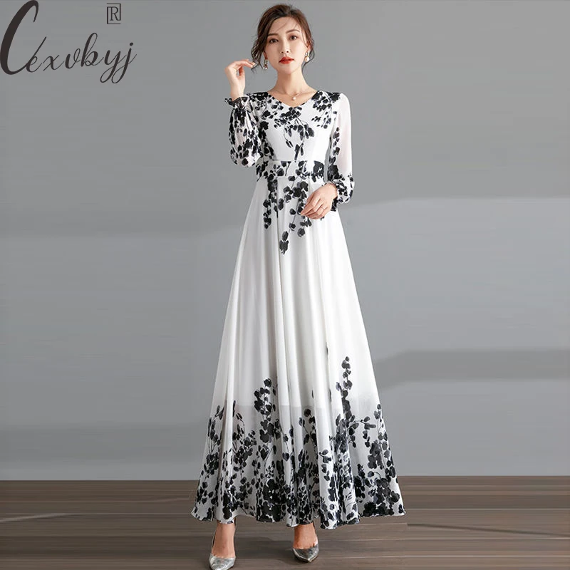

Ink Print Long Dress Women Spring Summer Long Sleeve Elegant Dress Loose Oversized Chiffon Round Neck Vacation Beach Vestidos