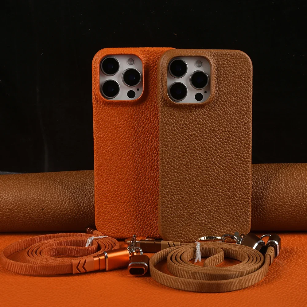 Premium Genuine Leather Magnetic Phone Case with Versatile Lanyard and USB Charging Cable