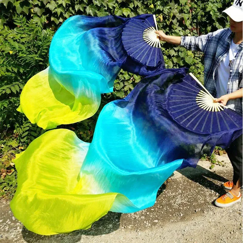 

Hot-Sale 1pair/2pcs Real Silk Belly Dance Veil Fans Bamboo Handmade Dyed Performance Long Fan BellyDance 100% Real Silk Fan Veil