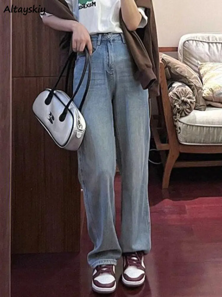 

Vintage Bleached Straight Jeans Women Full-length All-match Classic Denim Trousers Loose High Waist Students Streetwear Stylish