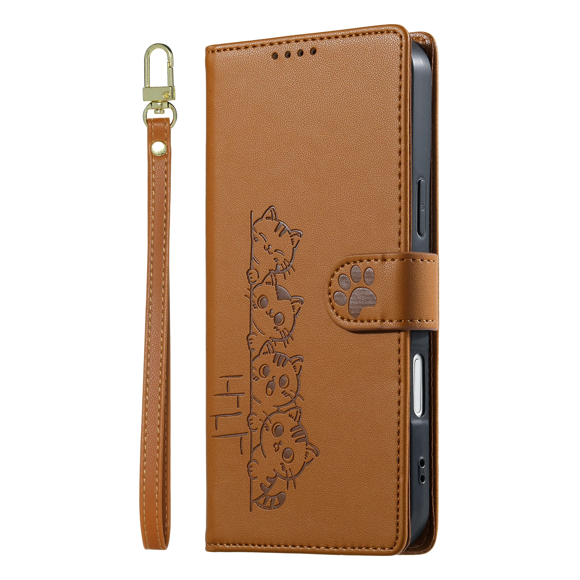 Cute Cat Leather Flip Phone Case with Strap - Stylish  Design
