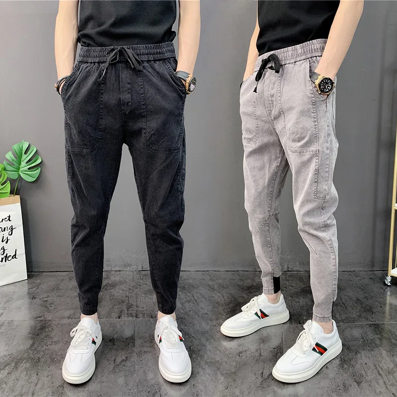 New Thin 2022 New Feet Summer Autumn Solid Color Cropped Trousers Harem Hipster Casual Pants Low Waist Drawstring Jeans