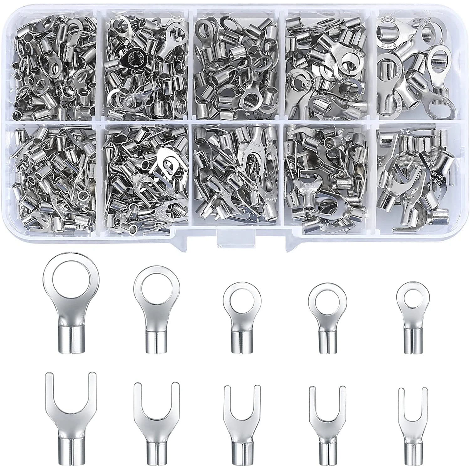 320 PCS Non-Insulated Copper Wire Crimp Terminals Connectors Kit Ring & Fork U Shaped O Shaped Cold Pressed Bare Terminals