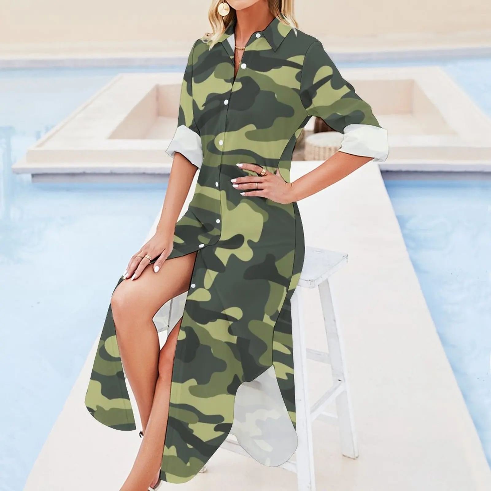 Ladies Dresses T Shirt Dress Camo Green Camo Army Chiffon Dress