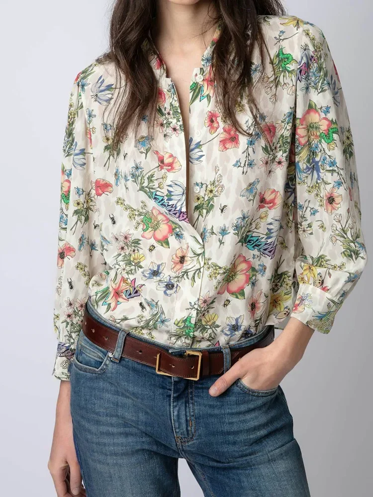 

Женская однобортная рубашка из 100% вискозы с цветочным принтом и надписью, женская блузка с длинным рукавом и круглым вырезом, новинка весны 2024