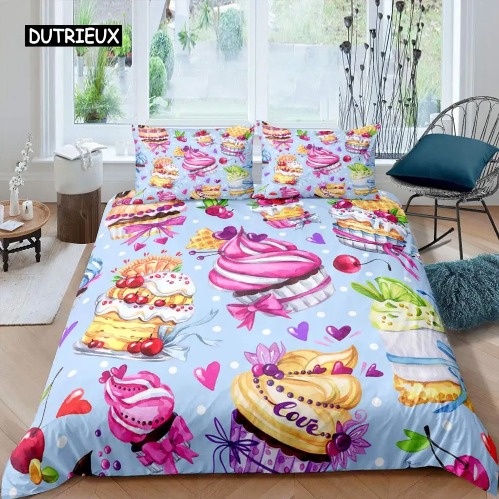 

Ice Cream Duvet Cover Set Colourful Cartoon Cup Cake Cherry Lemon Fruit Bedding Set Summer Vacation Style Soft Comforter Cover
