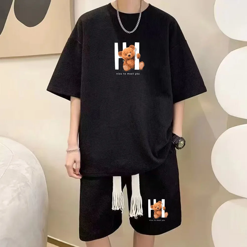 thumbnail image 1 of Conjunto de verano para hombre, camiseta con estampado de gofres, pantalones cortos, traje, diseño de marca elegante, pantalones deportivos de moda, conjunto de 2 piezas, 1 of 5