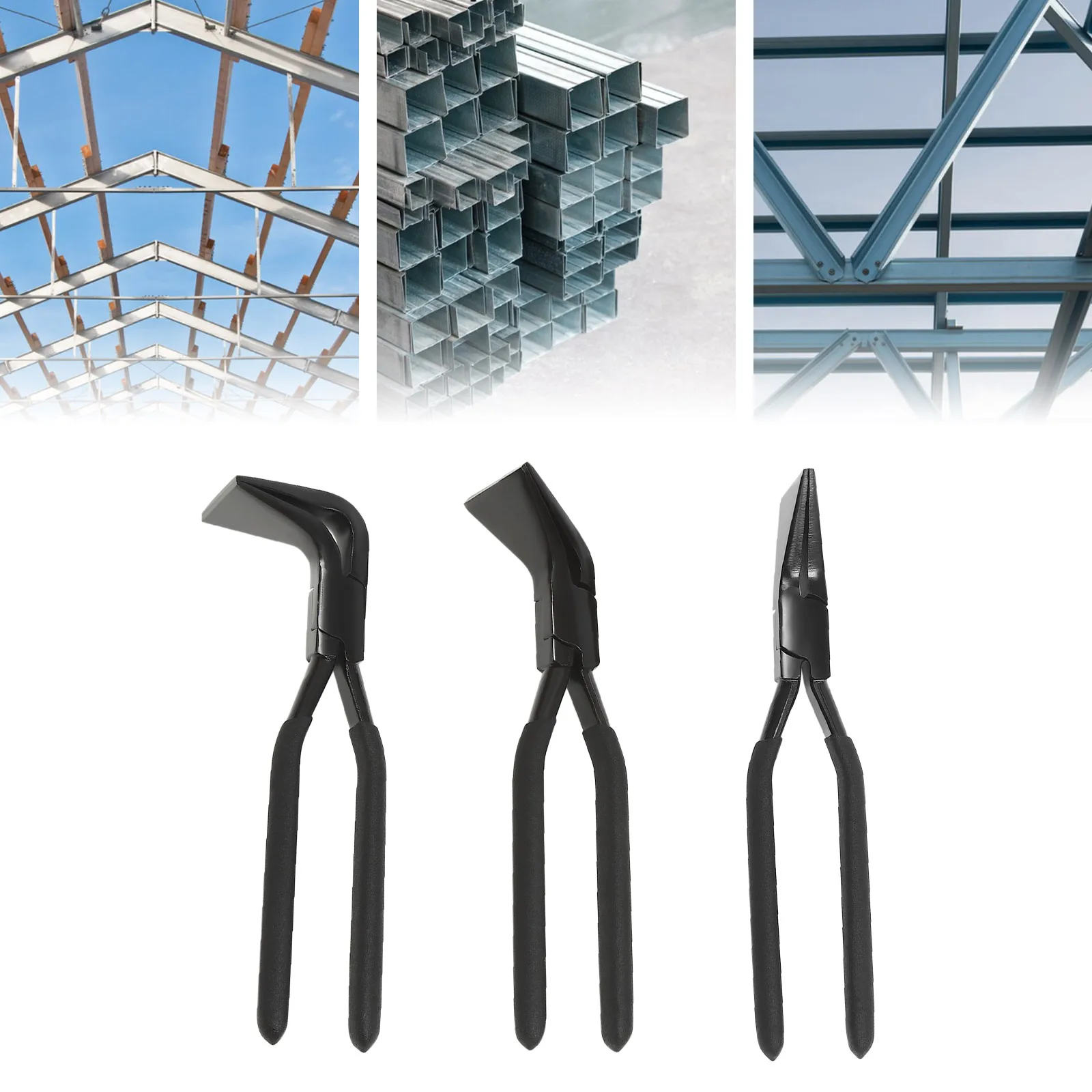 De drie buigtangen met zwarte grepen, met foto's van stalen profielen en dakconstructies