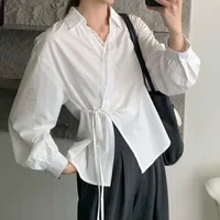 Français rétro dentelle Patchwork col en v chemises femmes mode irrégulière pansement à manches longues chemise femme Design coréen chemisier blanc 1