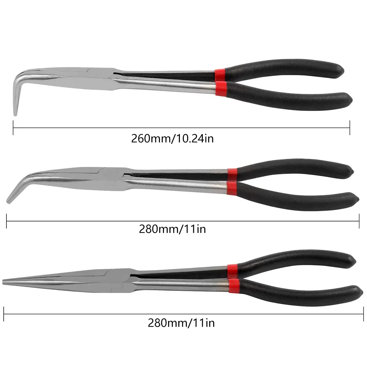 3Pcs Needle Nose Pliers Set 11 Inch Carbon Steel Long Reach Pliers Non-slip Straight Bent Nose Pliers O-Shaped Circle Pliers
