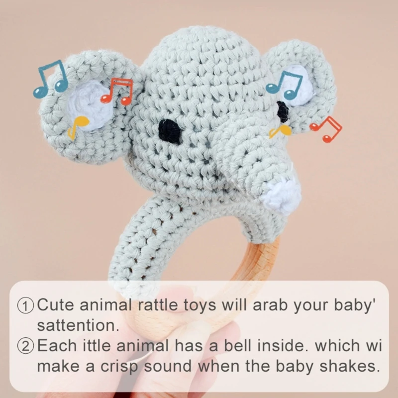 Handmade Crochet Cartoon Animal Baby Rattle Toys Safe Beech Wood Newborn Handhold Teething Ring Baby Gum Pain Relief Teether