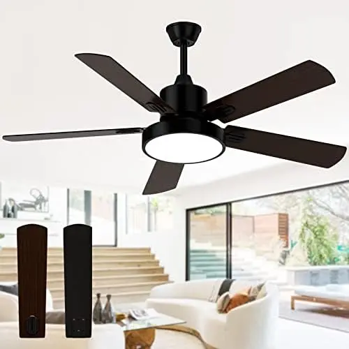 

Fan with Light, Outdoor Black Ceiling Fan with Remote, 52-inch Black Ceiling Fan with 5 Reversible Walnut/Black Blades for Patio
