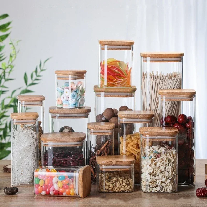 Square bamboo lid sealed transparent glass jar Food tea multi-grain storage jar Coffee storage jar Large capacity spice jar 5
