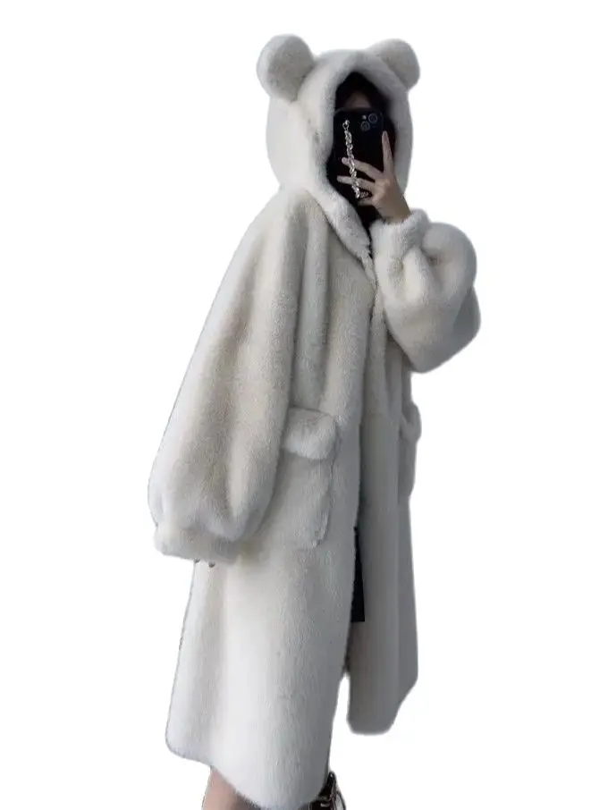Korean Style Lambswool Fur Coat Women Winter New Fashionable Long Mink Bear Ears Hooded Faux Fur Coat Female