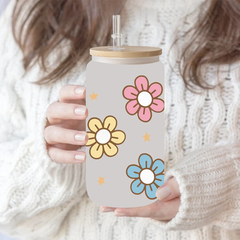 UV DTF Transfer Sticker Flowers 16oz Libbey Glasses Wraps Bottles Cup Can DIY Waterproof Easy To Use Decals D10722 dtf transfer sticker